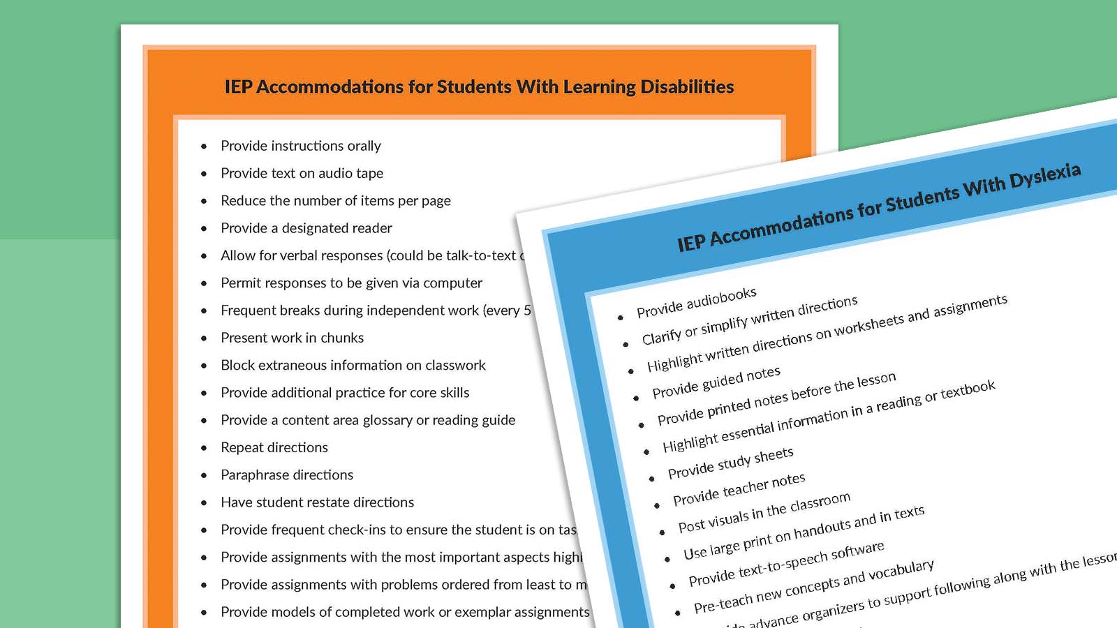IEP Accommodations for Students Printable sheets listing IEP accommodations for students.