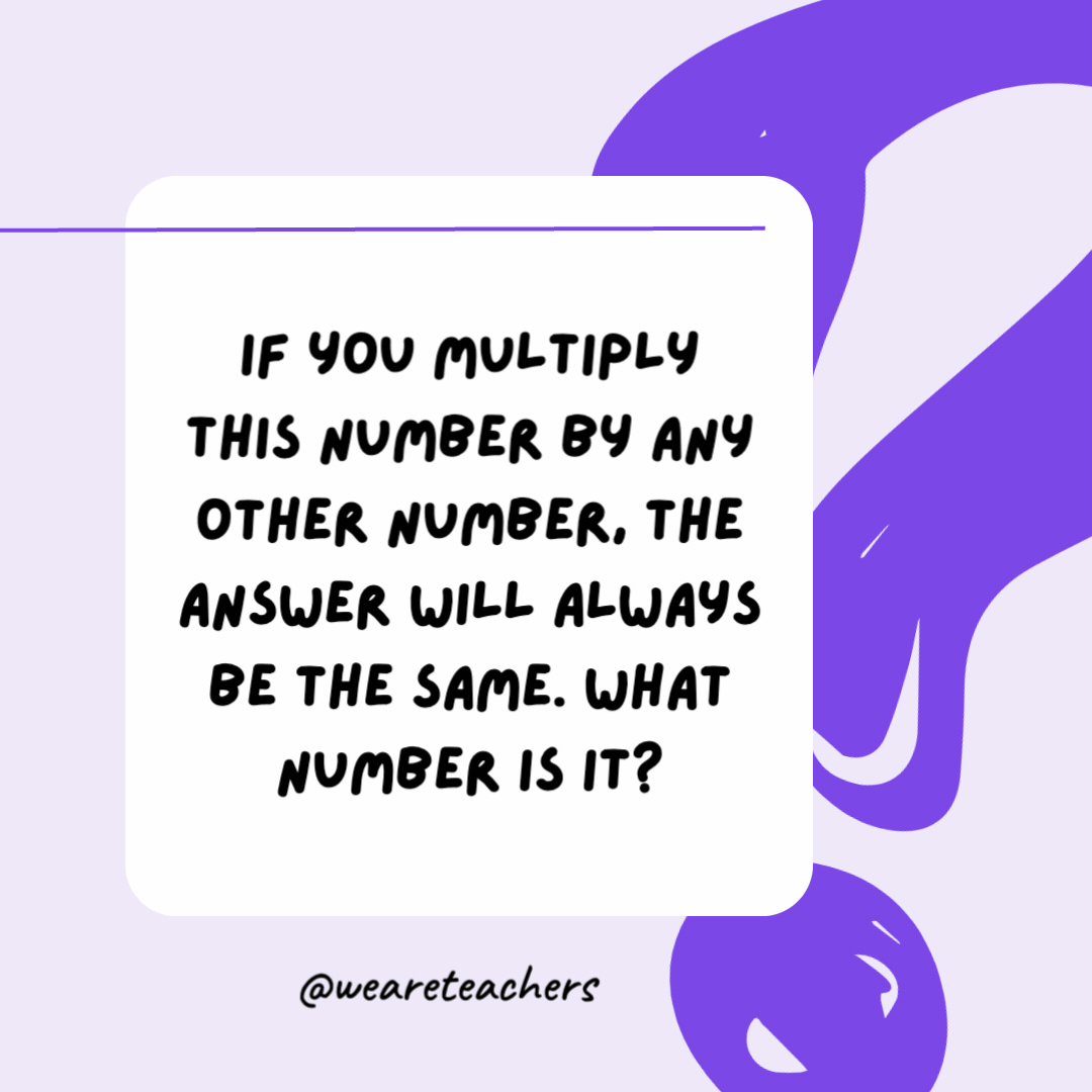 If you multiply this number by any other number, the answer will always be the same. What number is it? Zero. If you multiply this number by any other number, the answer will always be the same. What number is it?
Zero.