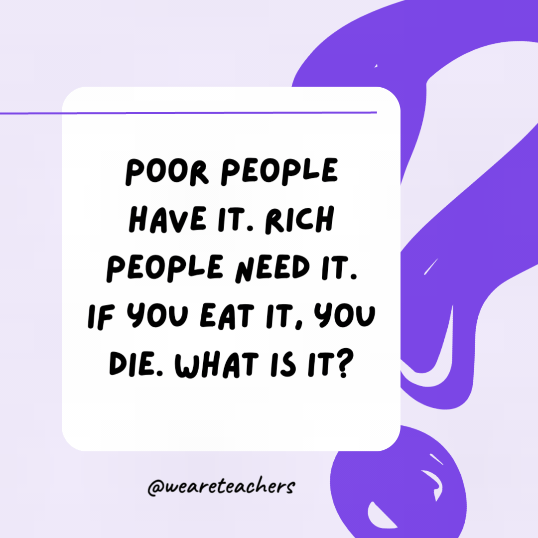 Poor people have it. Rich people need it. If you eat it, you die. What is it? Nothing. Poor people have it. Rich people need it. If you eat it, you die. What is it?
Nothing.