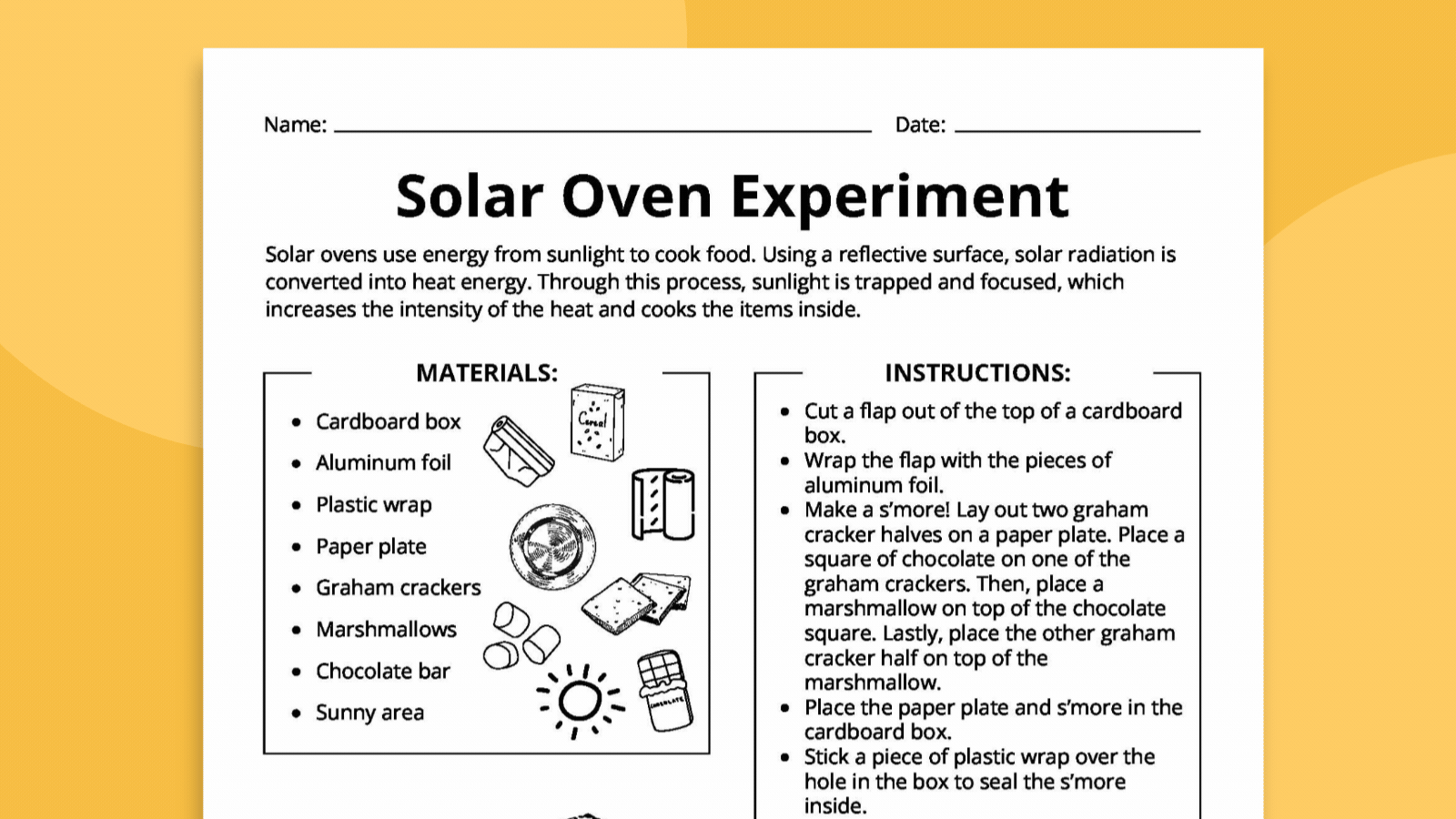 Solar Oven Experiment recording sheet