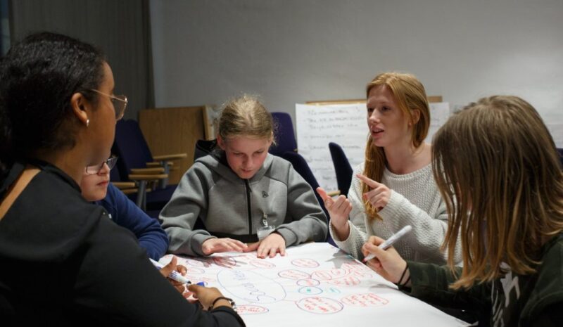 brainstorming Students sitting around a table talking with a sketch pad between them