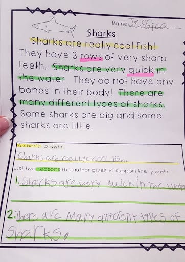 color-coding paper about sharks with sentences highlighted in different colors