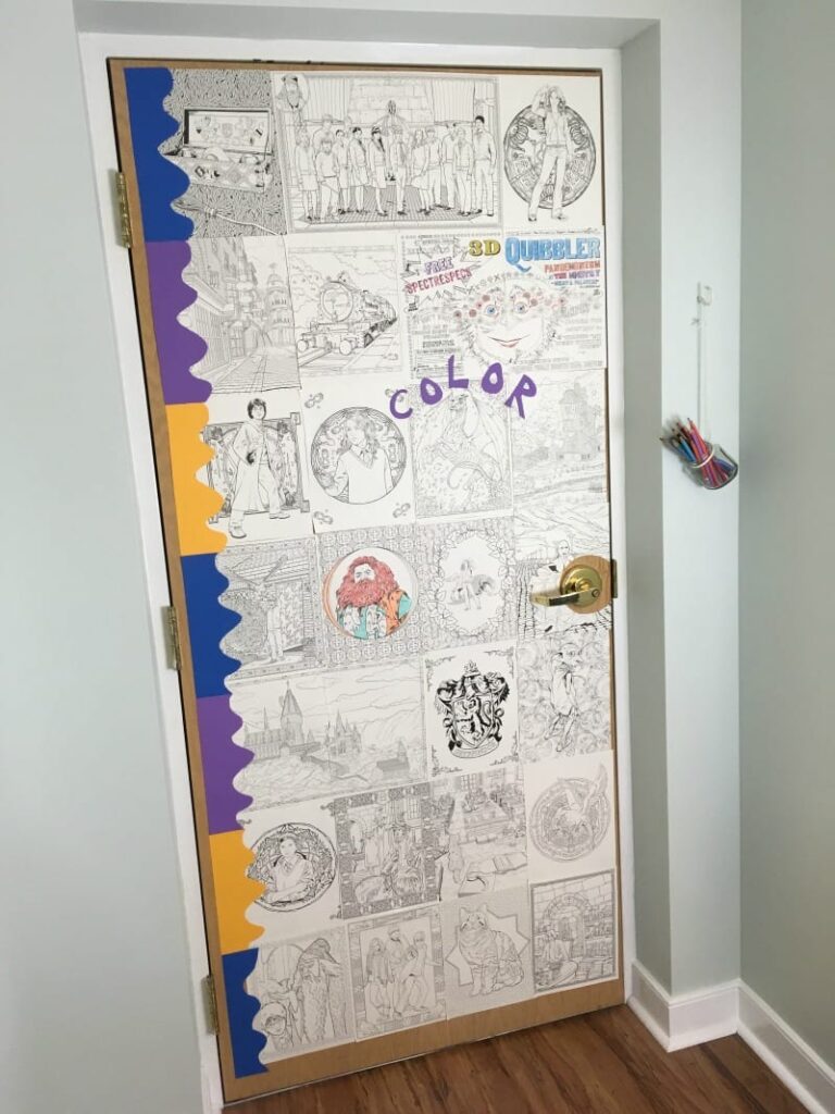 coloring-page-door door covered in coloring sheets