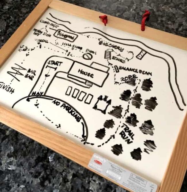 DIY Obstacle Courses for Kids: Backyard A map drawn on a whiteboard showing the plans for a backyard obstacle course