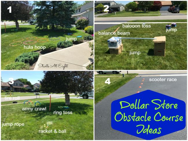 DIY Obstacle Courses for Kids: Dollar Store Collage of DIY obstacle courses for kids using items from the dollar store