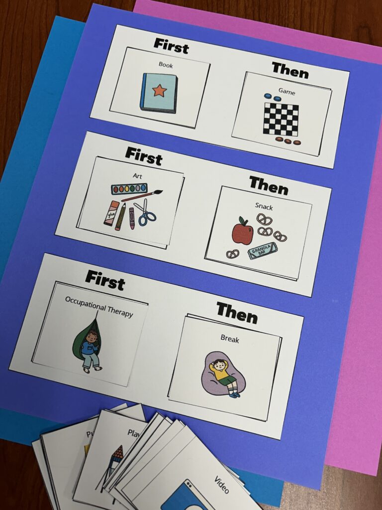 First-then visual schedule on desk.