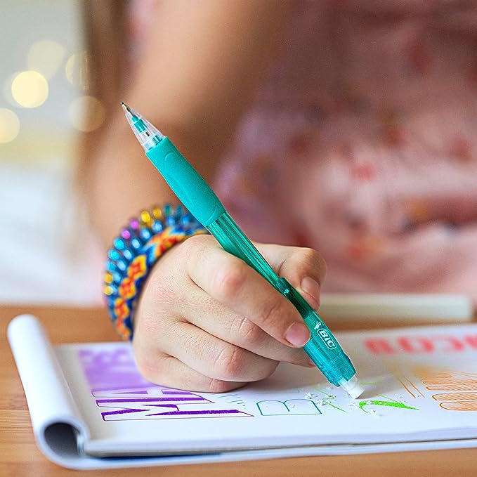pencils person writing with a blue pencil