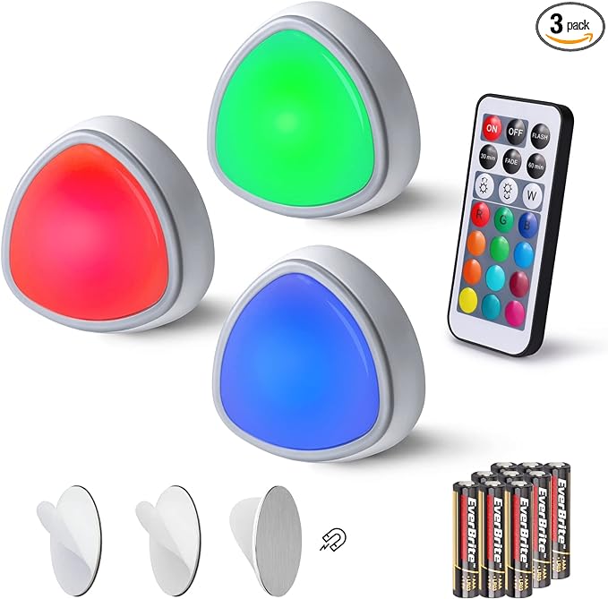 Puck Lights LED puck lights in red, green and blue with remote and batteries.