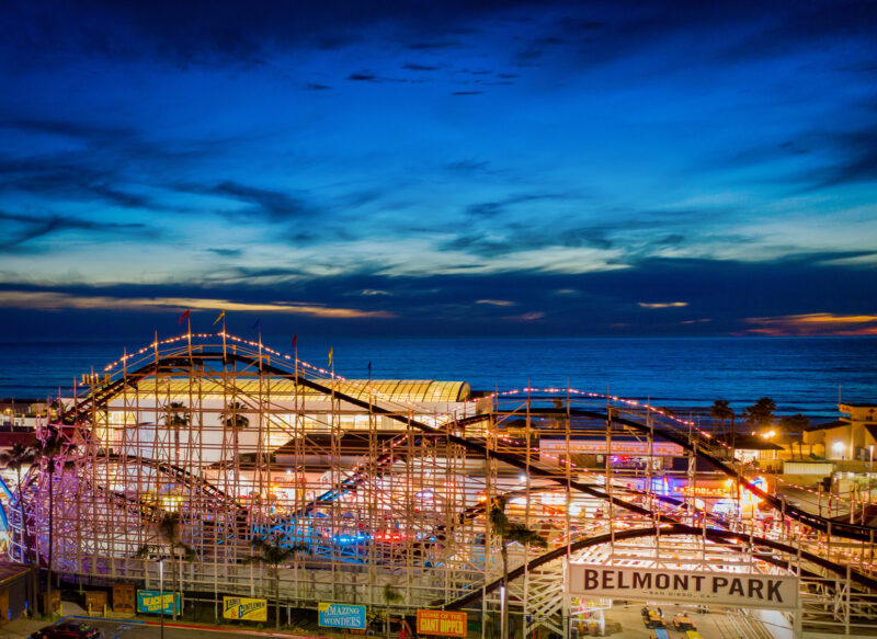 Belmont Park roller coaster with ocean in he background