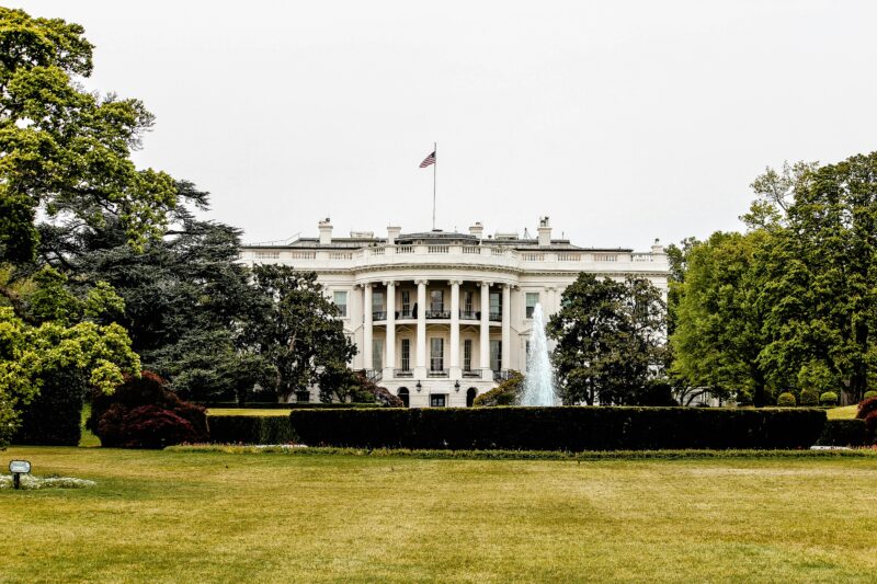 The White House with a white sky in the background