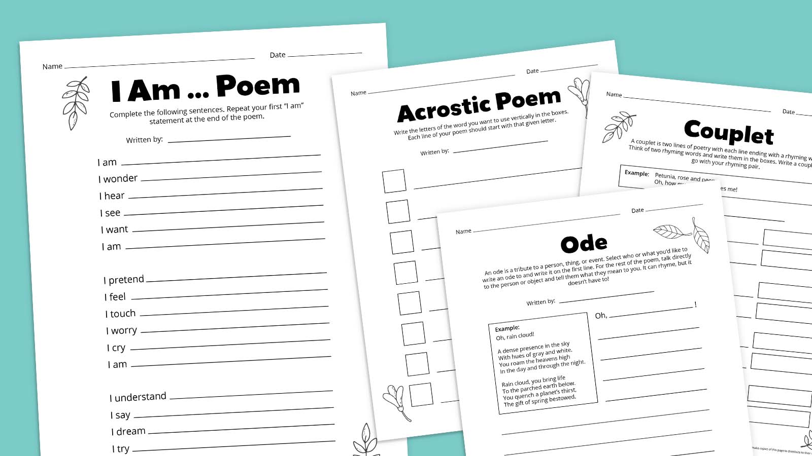 This Free Poetry Worksheet Bundle Is Perfect for Your Poetry Unit! Flat lays of poetry worksheet bundle