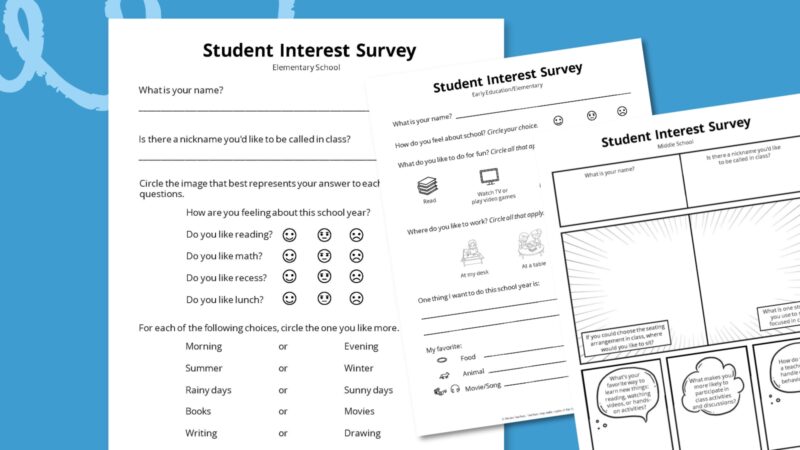 Free Student Interest Survey: Get To Know Your Class Feature image of an elementary, middle, and high school student interest survey