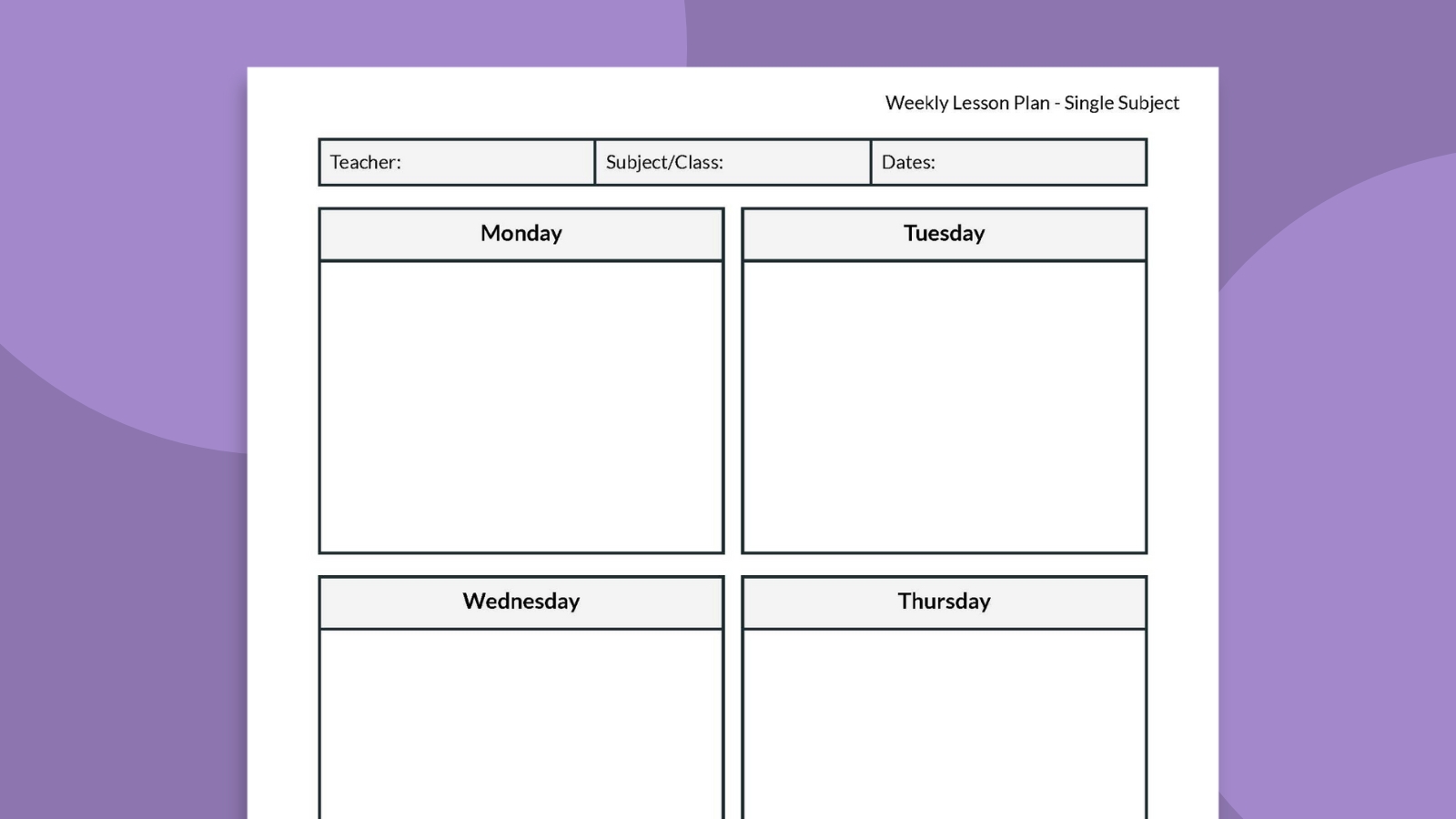 Weekly Overview Lesson Plan Template (1-Page)