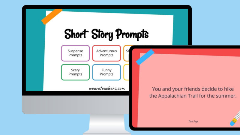 Short Story Prompts Computer and tablet screen with short story prompts.