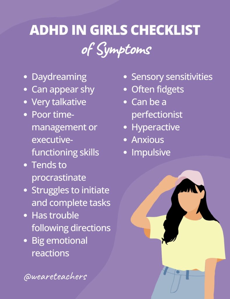 ADHD in Girls Checklist Checklist of symptoms of ADHD in girls with illustration of a girl.