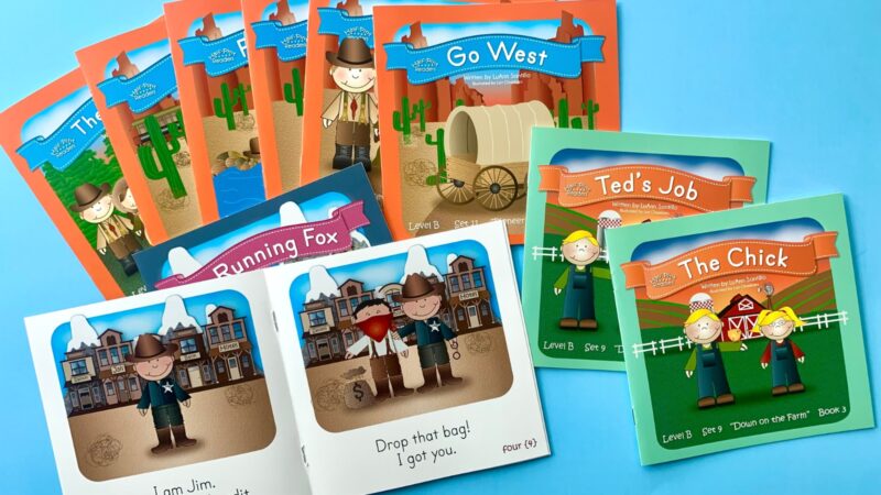 The Best Decodable Books For Boosting Kids’ Reading Skills A splay of multiple decodable books on a light blue background.