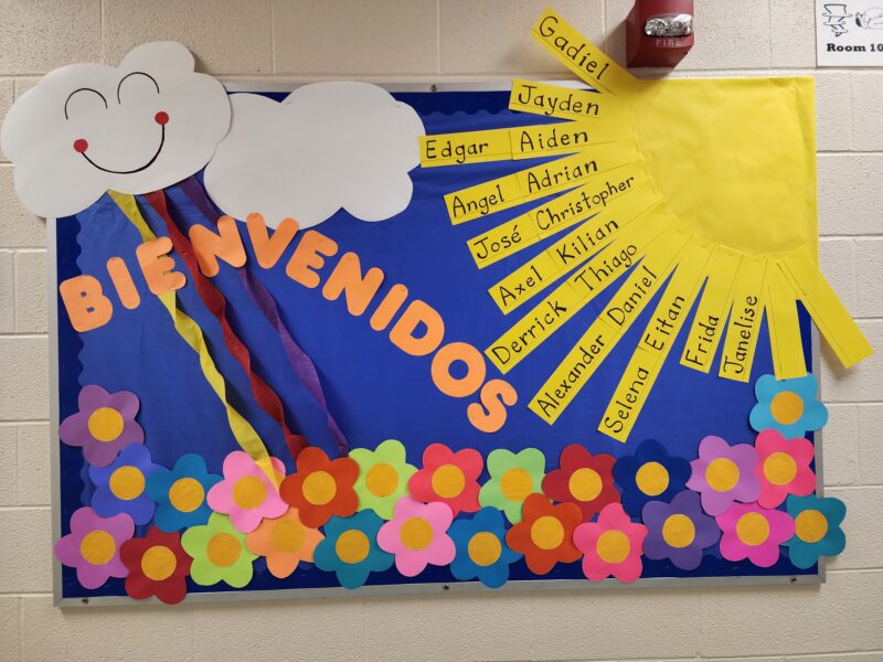 Bienvenidos A cloud in the corner of a bulletin board has a smiley face on it. Flowers decorate the bottom of the bulletin board. A sun is in the right hand corner with a spanish and english name written on each ray.