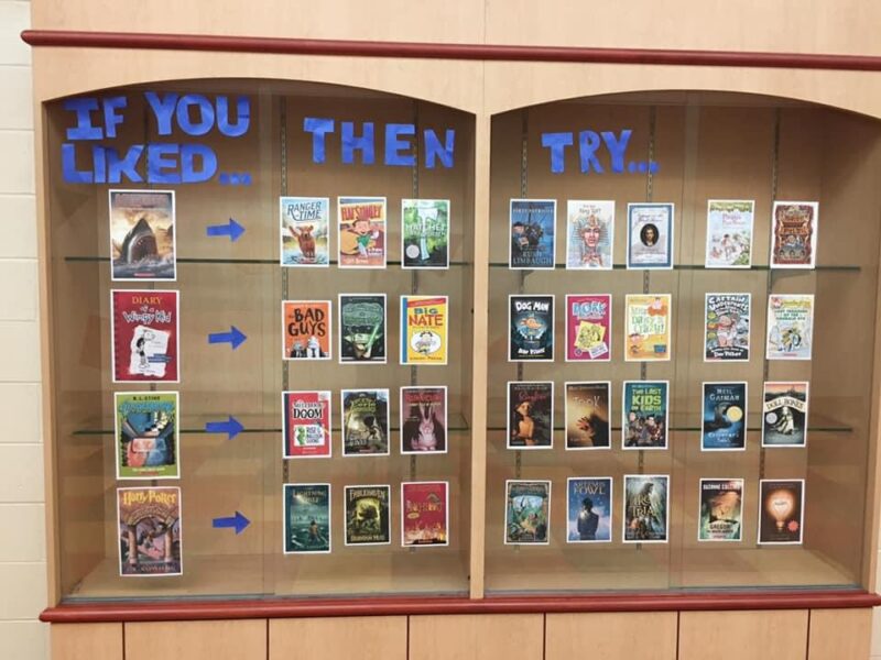 Book-Recommendations-Amy-Brownlee One side of a case says If You Liked Then and the other side says Try. There are book covers under each.