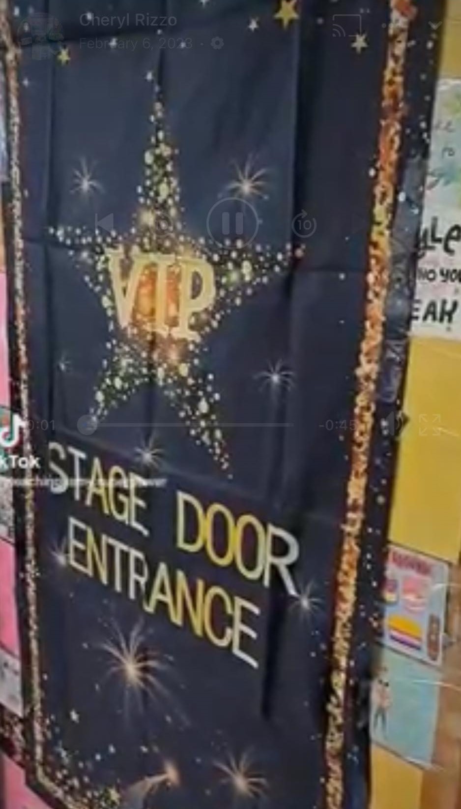 A door is decorated with a navy blue background and gold stars on it. It says VIP Stage Door Entrance.
