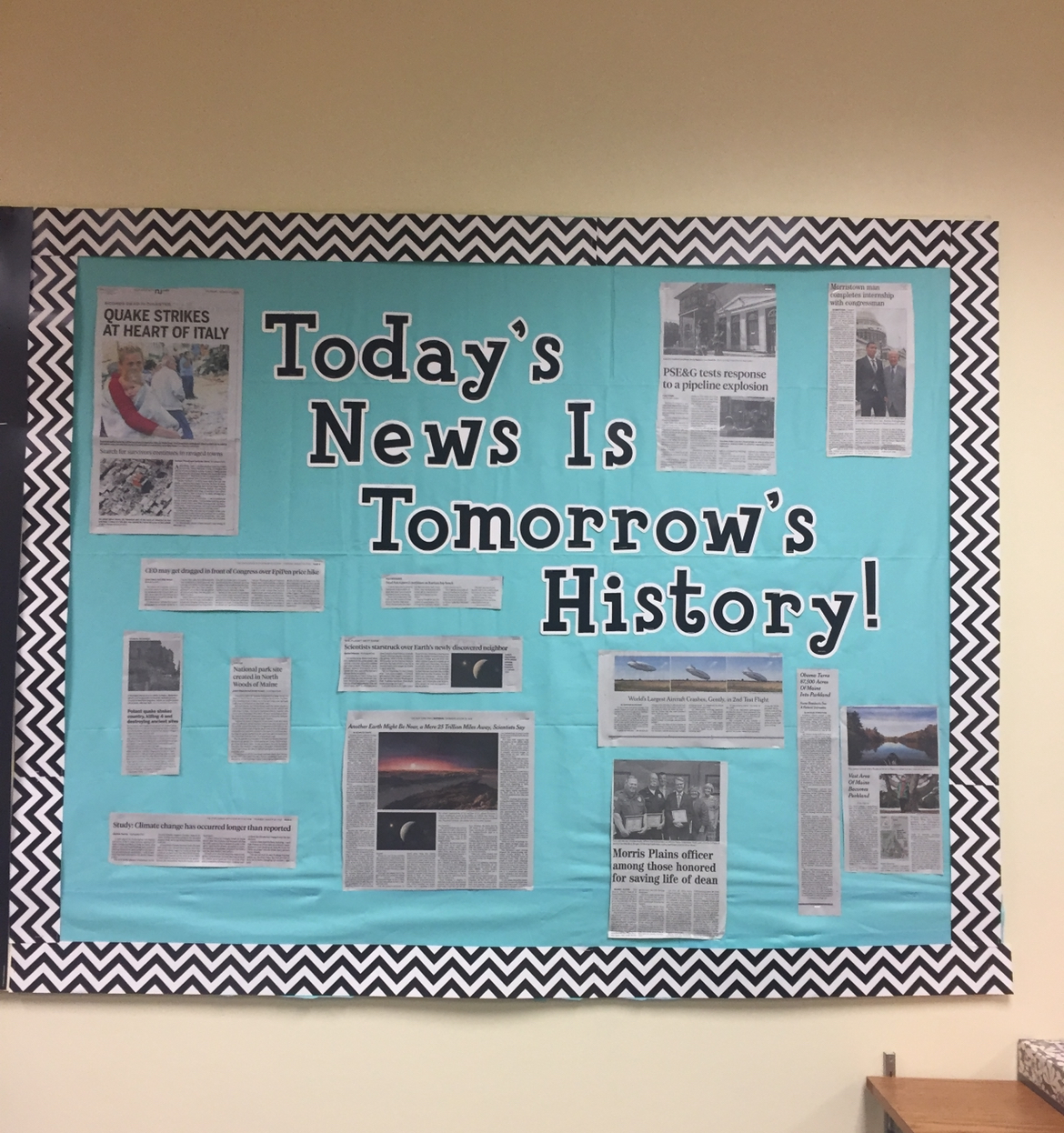 History-Bulletin-Lindsey-Daly A bulletin board says Today's News is Tomorrow's History and has newspaper clippings on it.