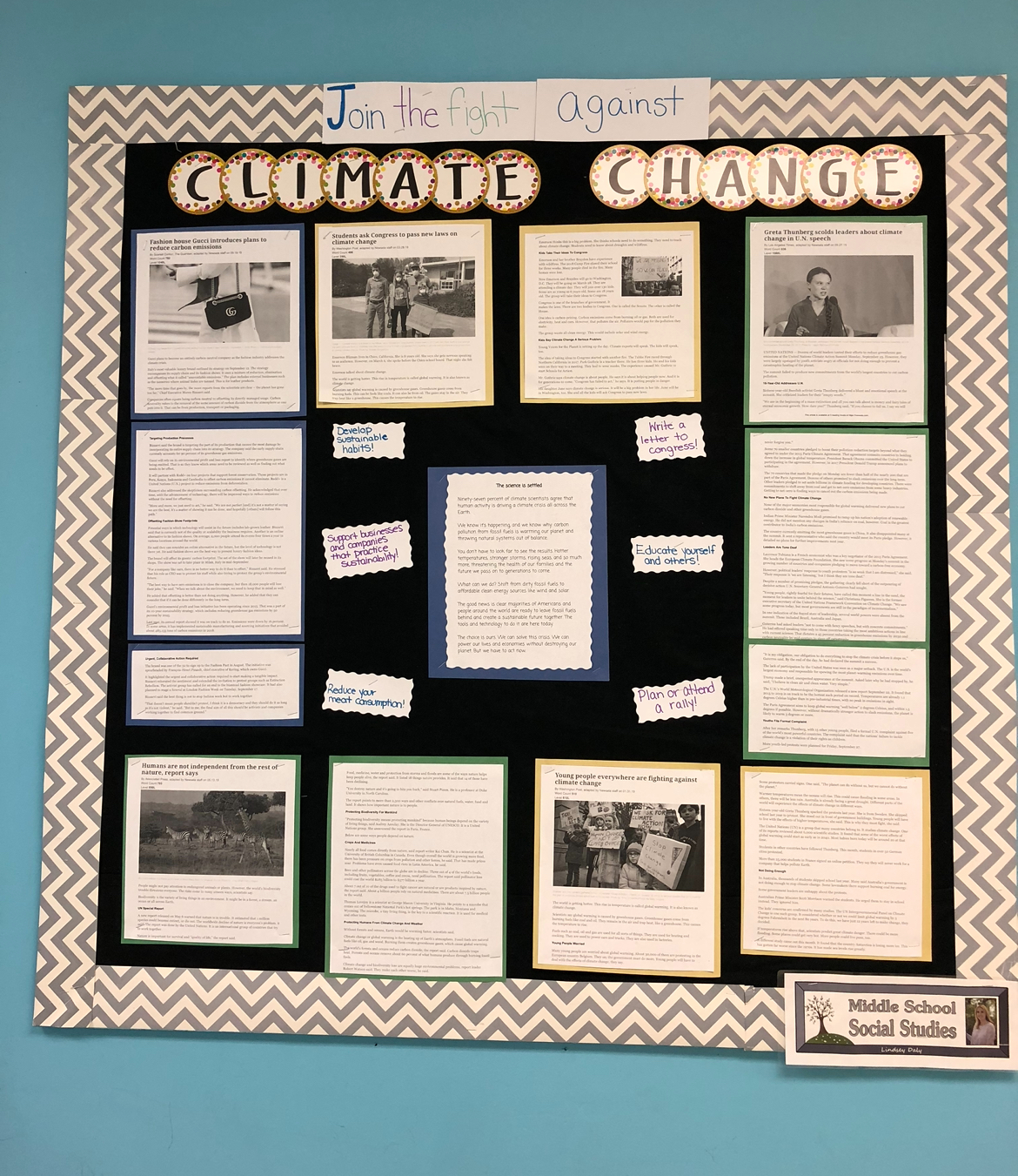 Climate Change-Lindsey-Daly-1 A bulletin board says Climate Change on the top and has various papers and pictures on the topic underneath.
