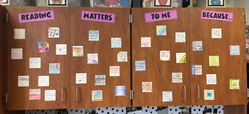 Reading Matters-Brooke-Blake Four cupboard doors are labeled with the words Reading Matters to Me and underneath each word are student written notes about why it does.