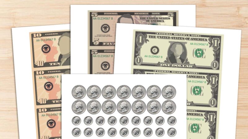 Play Money Cash and Coins Printable sheets of play money cash and coins.