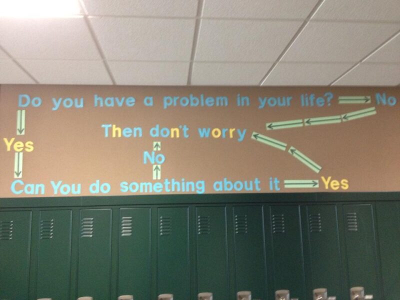 Problem-Tim-Krecsmar A simple bulletin board above a row of lockers asks if you have a problem with your life and then a pathway for yes and no questions.