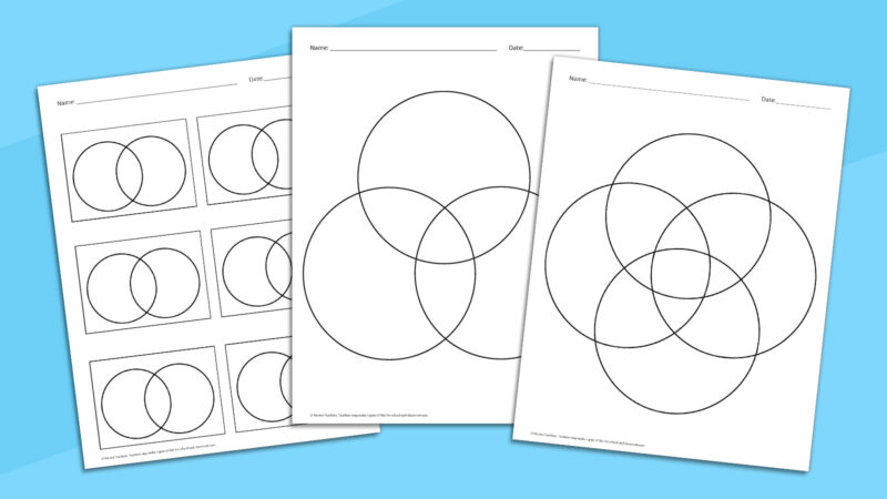 Venn Diagram Templates Black and White Three black and white Venn diagram templates on blue background.