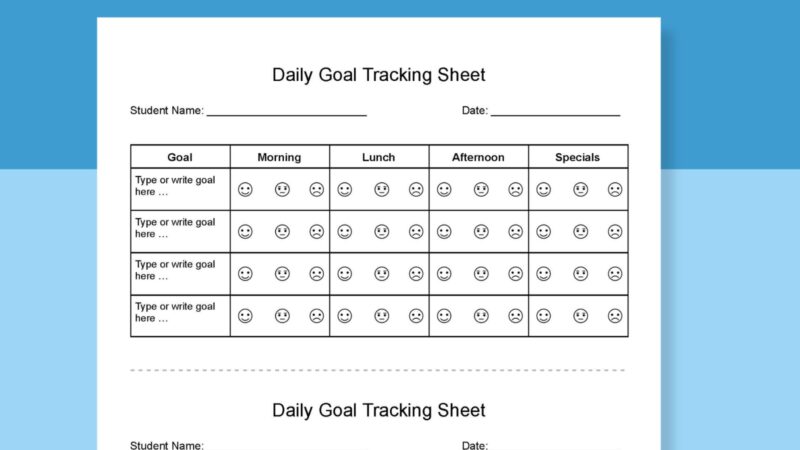 daily-goal-tracking goal tracker with smiley faces to indicate if the student met their goal