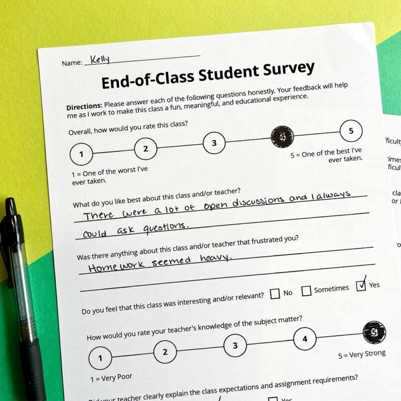end-of-class-survey survey that a teacher can use at the end of a class with questions and lines for student response - differentiated instruction strategies