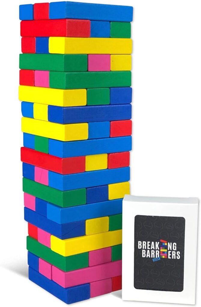 feelings-game block game with colored blocks and questions to discuss emotional regulation