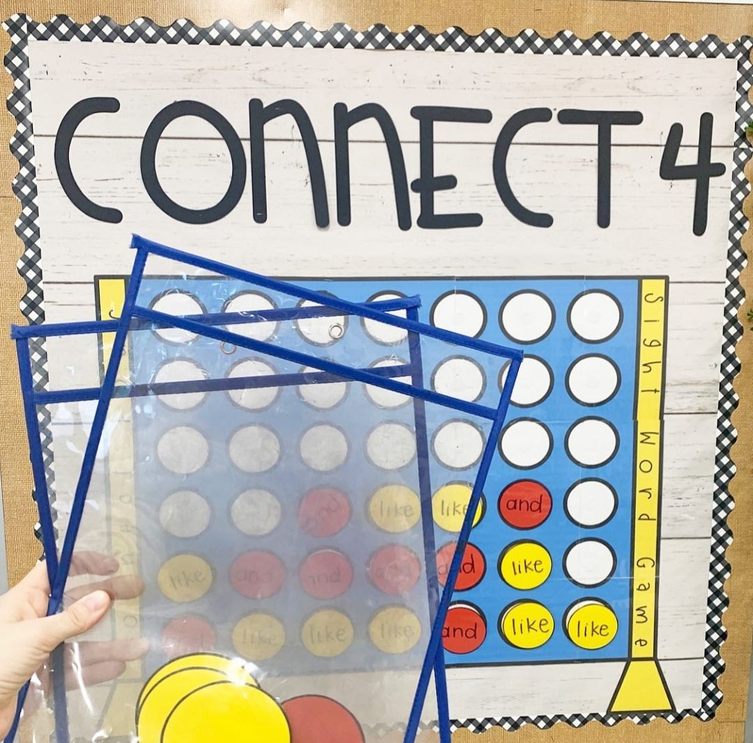 Interactive Bulletin Boards: Connect Four Connect 4 bulletin board with sight words like and and on the pieces