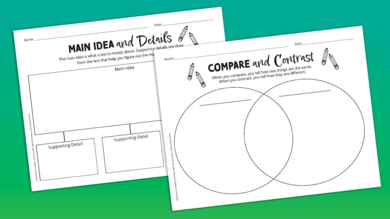 graphic organizer examples: compare contrast and main idea and details for reading comprehension strategies 
