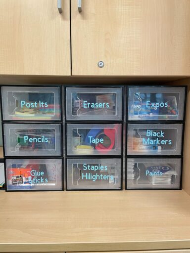 Stackable shoe boxes in classroom Stackable shoe boxes in classroom