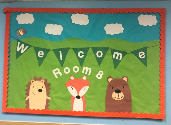 Woodlands Bulletin Board Three cute little animals are featured on a bulletin board that says Welcome Room 8.