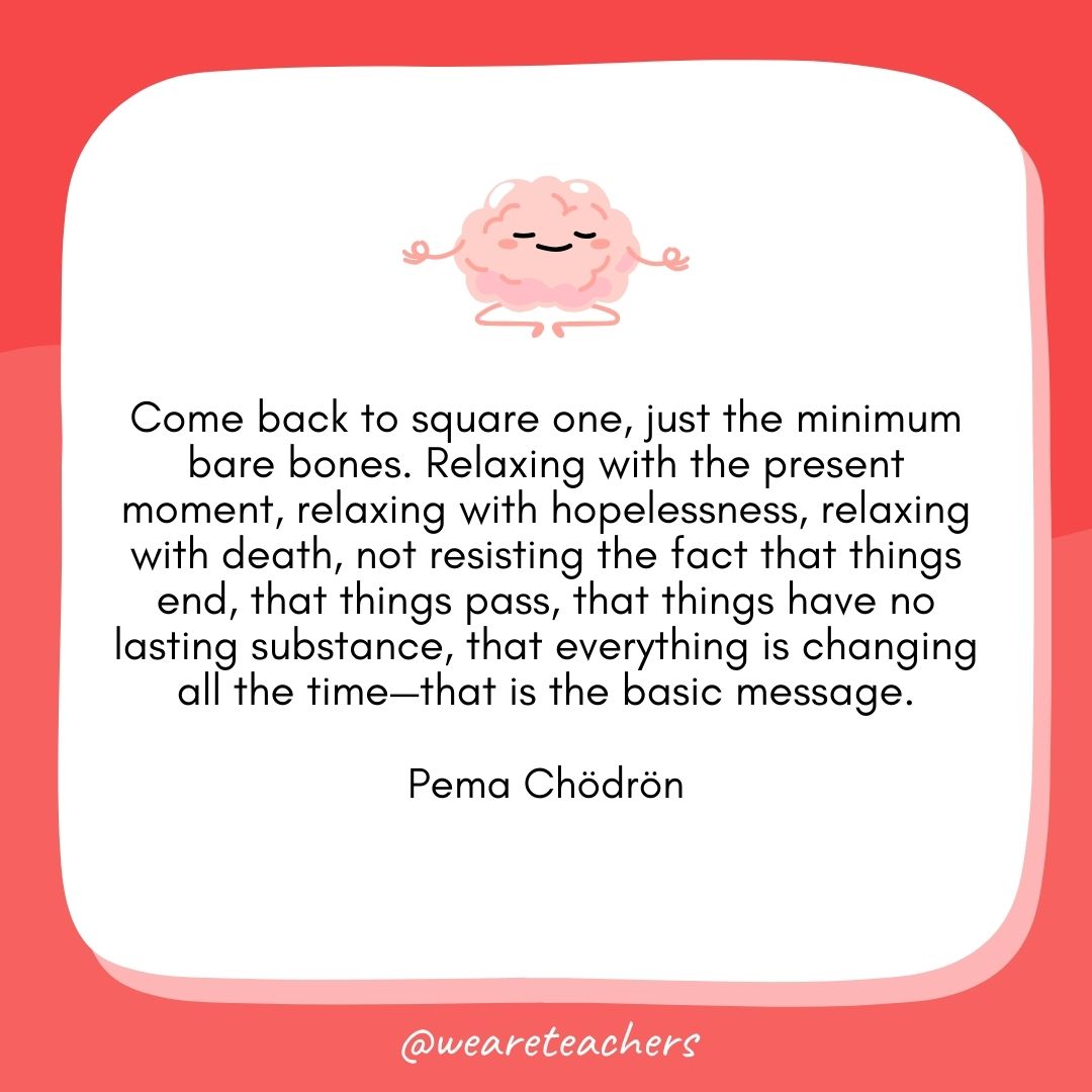 Come back to square one, just the minimum bare bones. Relaxing with the present moment, relaxing with hopelessness, relaxing with death, not resisting the fact that things end, that things pass, that things have no lasting substance, that everything is changing all the time—that is the basic message. 