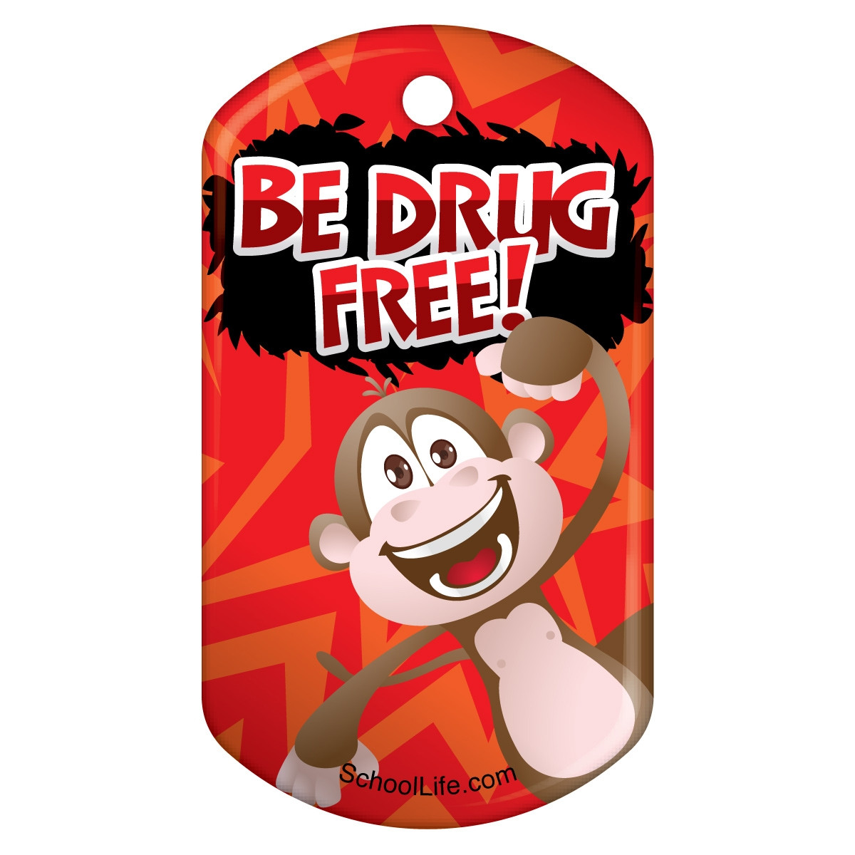 Red Ribbon Week Tag Brag/reward tag shows a monkey on a red background. Text reads Be Drug Free