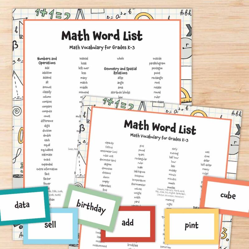 Printable list of math word lists and cards.