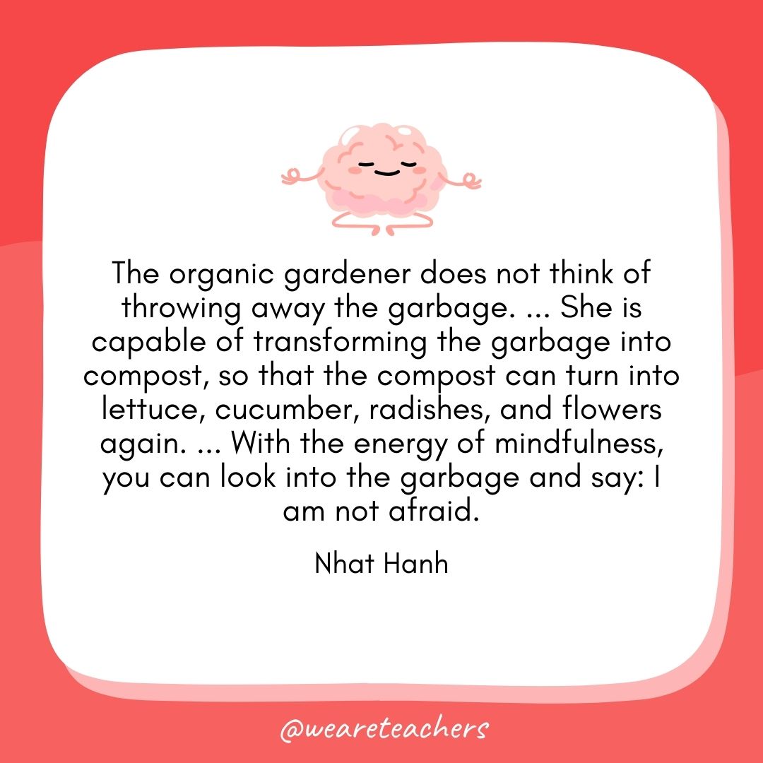 The organic gardener does not think of throwing away the garbage. ... She is capable of transforming the garbage into compost, so that the compost can turn into lettuce, cucumber, radishes, and flowers again. ... With the energy of mindfulness, you can look into the garbage and say: I am not afraid. 