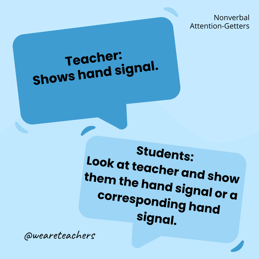 Teacher: Shows hand signal (for example, the “I love you” sign). / Students: Look at teacher and show them the hand signal or a corresponding hand signal (for example, point to teacher, “you”). Teacher: Shows hand signal (for example, the "I love you" sign). / Students: Look at teacher and show them the hand signal or a corresponding hand signal (for example, point to teacher, “you”).