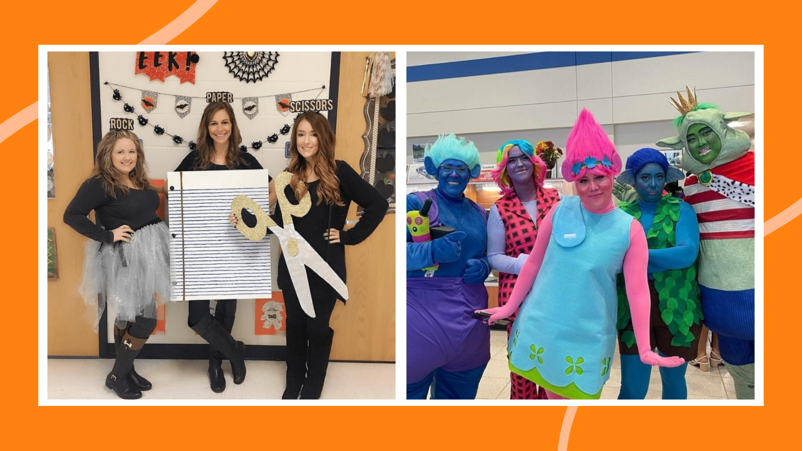 Teacher-halloween-costume Examples of teacher Halloween costumes, including Trolls dolls and Rock, Paper, Scissors
