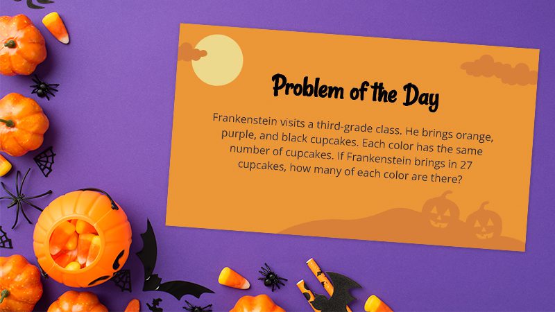 25 Spooky Halloween Math Word Problems Halloween math problem of the day card on a purple background.