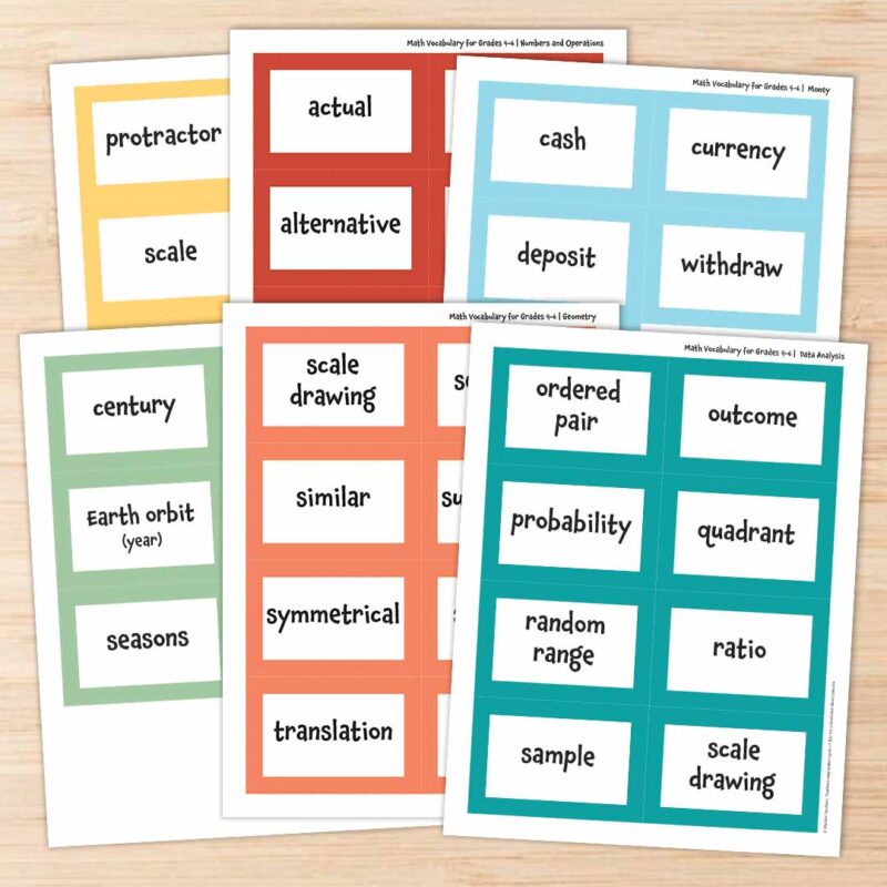 Printable sheets of math word cards.