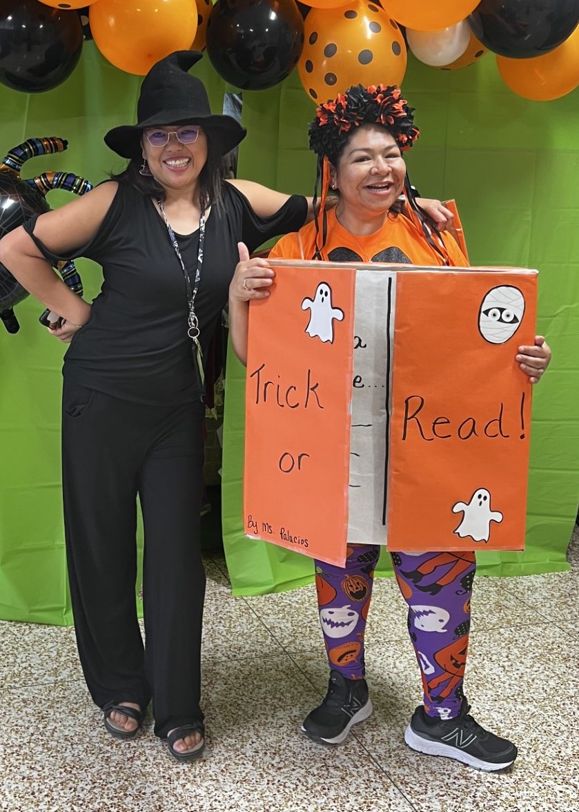 Halloween Costumes: Book Teacher dressed in a homemade book costume for Halloween