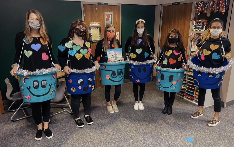 Halloween Costumes: Bucket Fillers Teachers dressed to represent the book Have You Filled a Bucket Today?