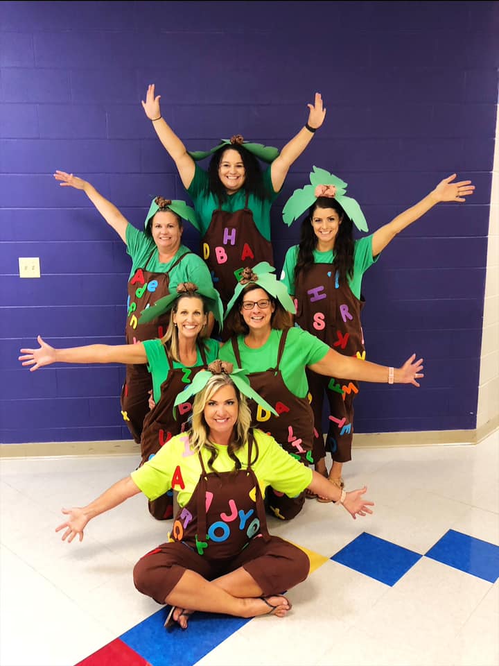 Halloween Costumes: Chicka Chicka Boom Boom Group of teachers dressed to represent the book Chicka Chicka Boom Boom
