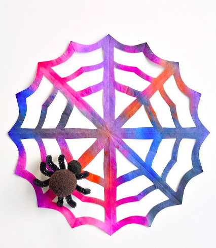 coffee-filter-spider-web A colorful spider web is made from a coffee filter as an example of Halloween Crafts for Kids