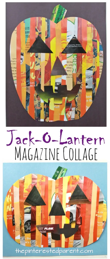 Two different Jack O' Lanterns are shown. They are made from ripped up magazine strips.