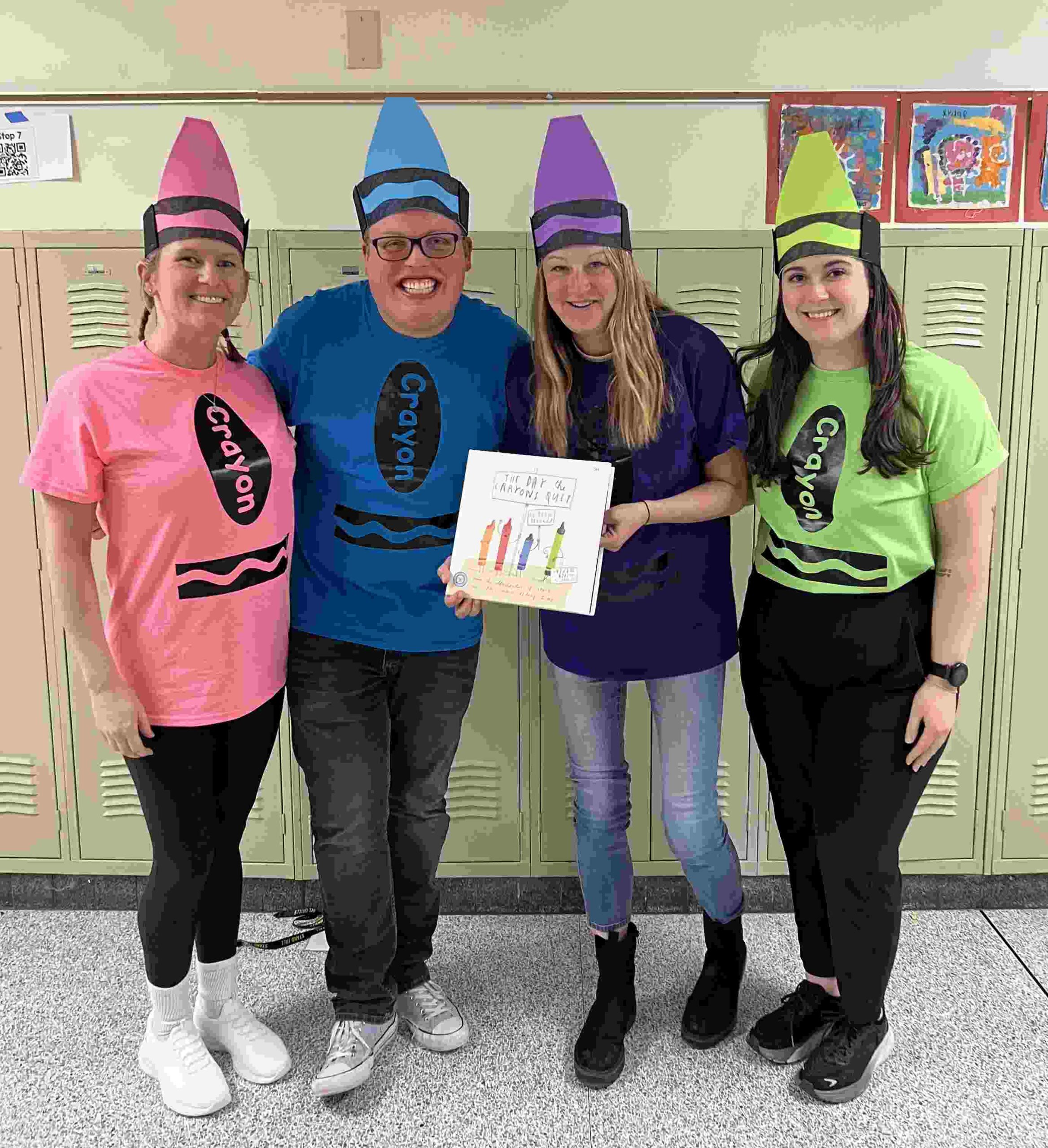 Book Character Costumes: The Day the Crayons Quit Teachers dressed as crayons from the book The Day the Crayons Quit